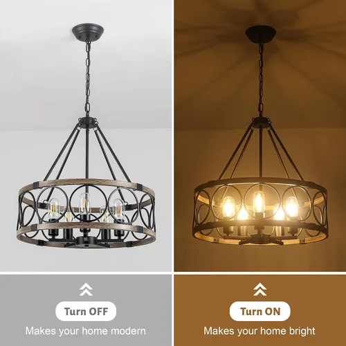 Miniatura 7 de Candelabro de Granja para Comedor de 5 Luces Negro Rústico de Tambor Candelabros de 20" Textura de Madera Lámpara Colgante Ajustable para Isla