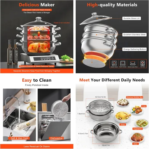 Miniatura 5 de Vaporizador de acero inoxidable de 3 niveles, 11 pulgadas (11.0 in) D para alimentos y verduras, utensilios de cocina con tapa de vidrio para cocina