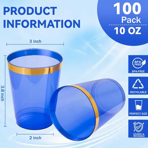 Miniatura 3 de Supernal 100 piezas de vasos de plástico azules, vasos desechables transparentes azules claros de 10 onzas con borde dorado, vasos de plástico