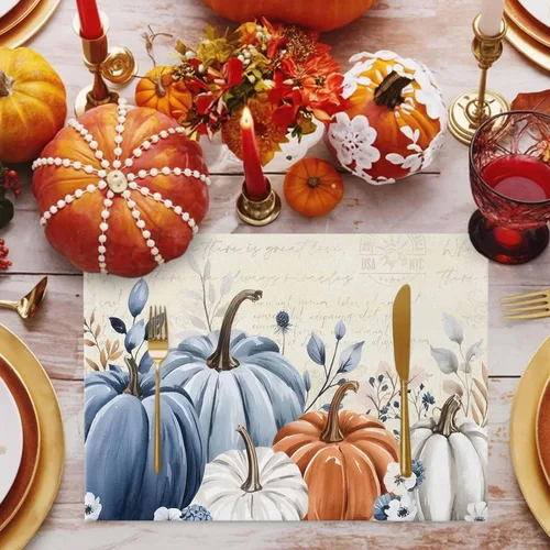 Miniatura 2 de Juego de 4 manteles individuales de otoño con diseño de calabaza azul, hojas florales, manteles individuales de otoño, lavables, cosecha, Acción