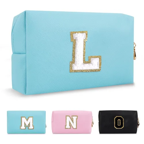 Miniatura 162 de Pequeña bolsa de maquillaje personalizada con inicial A-Z Preppy Patch, bolsa de cosméticos de viaje de felpilla blanca con cremallera, bonita bolsa