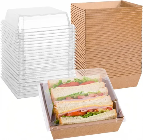 VGOODALL 48 cajas de charcutería con tapas transparentes, 5.3 x 4.9 x 2.6 pulgadas, para postre, pastelería, pastelería, sándwich y postre (marrón)