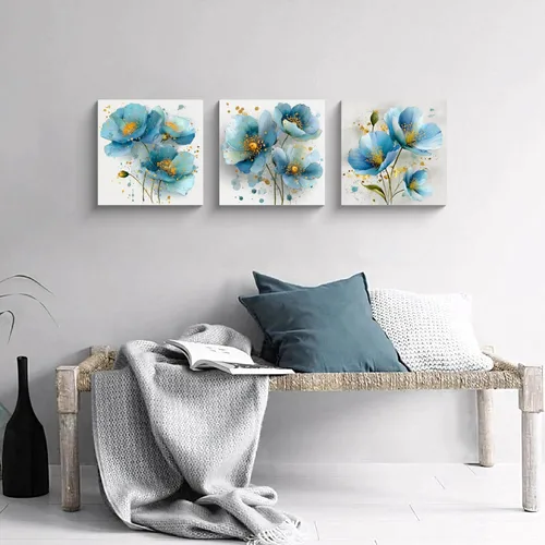 Miniatura 5 de NAN Wind 3 piezas de arte de pared de flores azules, impresión botánica moderna, ilustración floral floreciente, salpicaduras de acuarela y elegante