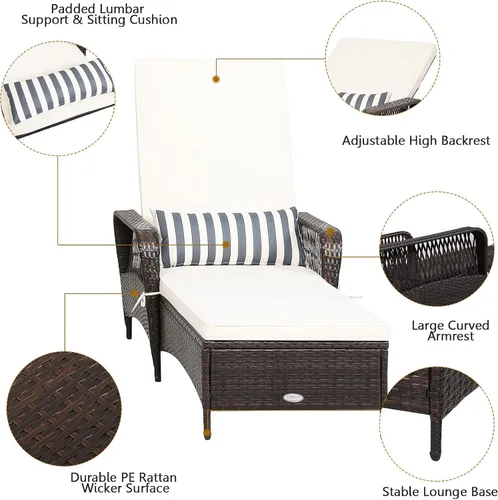 Miniatura 7 de HAPPYGRILL Sillón reclinable de ratán de polietileno para exteriores, tumbona para patio con almohada de cintura extra, silla reclinable con 6 Marrón