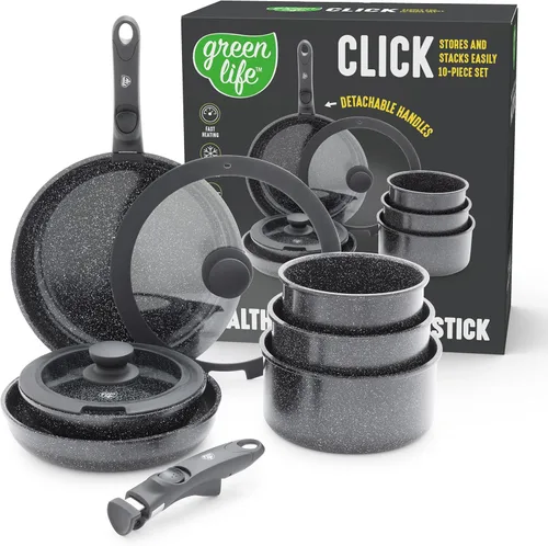 GreenLife Juego de 10 piezas de ollas y sartenes antiadherentes, juego de utensilios de cocina con mango desmontable y apilable, sartenes sin