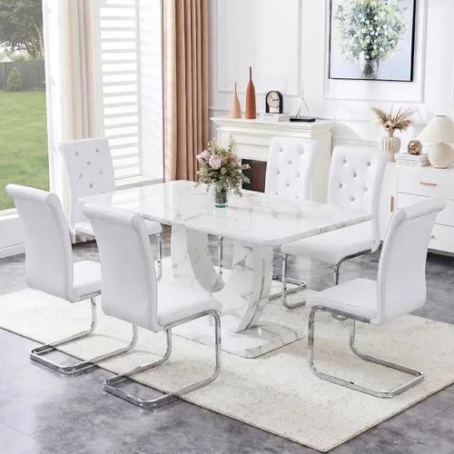 Miniatura 44 de Juego de 6 sillas de mesa de comedor para 6, juego de 6, moderno juego de comedor con mesa de comedor de mármol de 63 pulgadas, sillas tapizadas