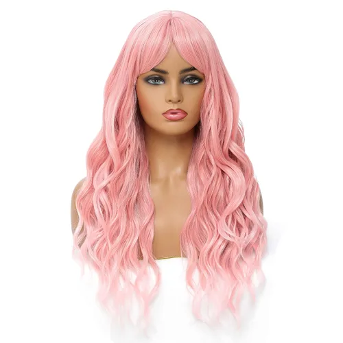 Miniatura 11 de SWACC Peluca larga y rizada ondulada con flequillo peluca de pelo sintético para mujeres con gorra de peluca (negro)