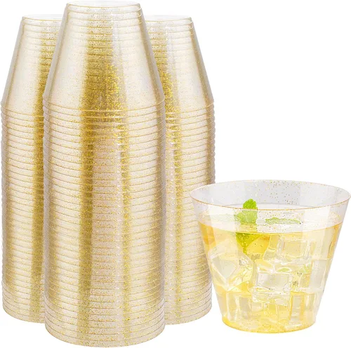 Miniatura 12 de I00000 200 piezas de vasos de plástico desechables plateados de 9 onzas, vasos de plástico transparentes de 9 onzas, vasos estilo antiguo de borde