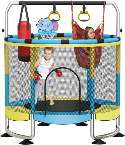 Miniatura 9 de Yozoia 60" Toddler Trampoline, Indoor Trampoline for Kids with Safety Enclosure, 440LBS Support, Adjustable Gymnastics Bar & Toys for Boys Girls
