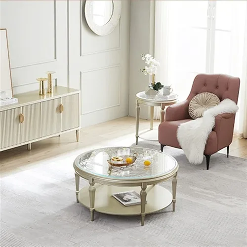 Miniatura 7 de Mesa de té para sala de estar, mesa de centro redonda de madera moderna con tallado calado y parte superior de cristal, 31.4/39.3 pulgadas, elegante