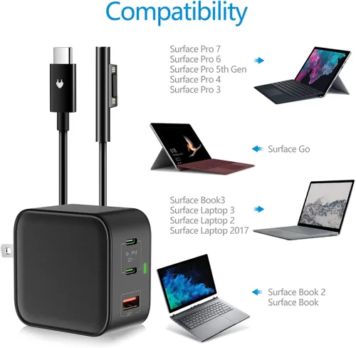 Miniatura 4 de 65W GaN USB C PD 3.0 QC 3.0 cargador, Surface Pro Mini cargador de viaje para Surface Pro 3/4/5/6/2017/Surface Go/Surface Laptop/Surface Book