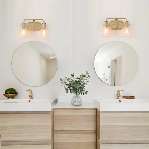 Miniatura 4 de KSANA Lámparas de baño, 2 luces doradas para tocador sobre espejo con pantalla de vidrio sembrado, accesorios de luz de baño dorados, bombilla E26