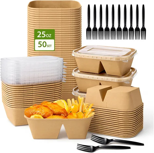 DI QIU REN Paquete de 50 tazones desechables de papel kraft de 25 onzas, 2 compartimentos【con tapas y tenedores】Recipientes grandes para preparación