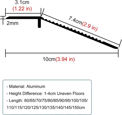 Miniatura 3 de Tira de transición de piso de metal de madera a azulejo, rampa de umbral de 3.9 in de ancho para suelos irregulares, flauta reductora antideslizante