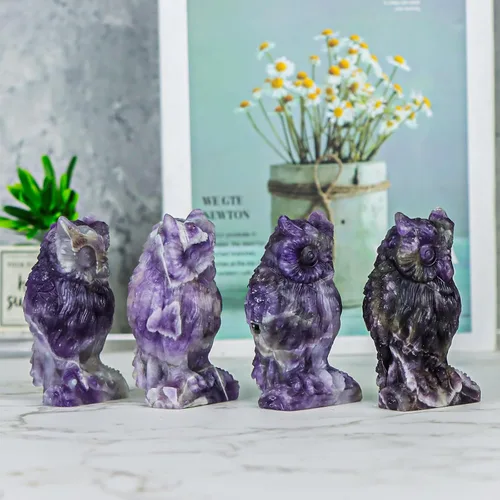 Miniatura 7 de SMQ Amethyst Crystal Owl Statue Hand Carved Gem Owl Figurine Animal Carvings Collective Reiki Healing Statue for Home Office Decoration