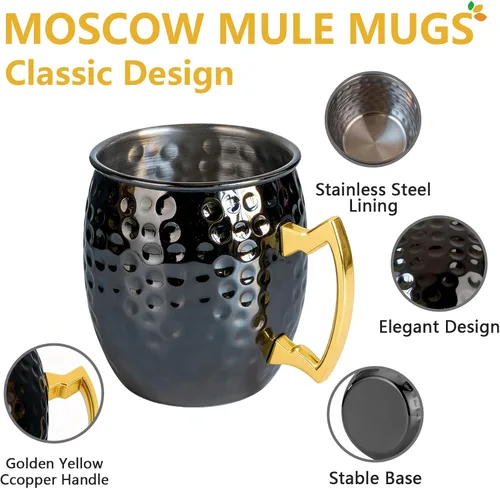 Miniatura 2 de UNISWEET Moscow Mule - Juego de 4 tazas de cobre con acabado martillado pulido, forro de acero inoxidable 304 con mango de cobre dorado, perfecto