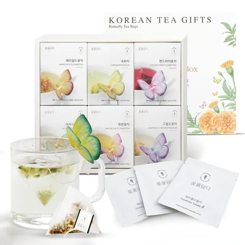 KKOKDAM Juego de regalo de té coreano - Muestra de bolsas de té de mariposa de 6 sabores - Elegante caja para los amantes del té - Regalo único