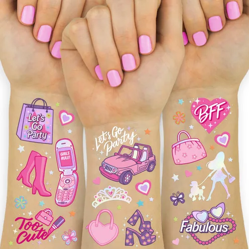 xo, Fetti Tatuajes temporales de fiesta rosa - 84 estilos | Suministros de fiesta de cumpleaños rosa, recuerdo de fiesta, decoraciones lindas, cesta