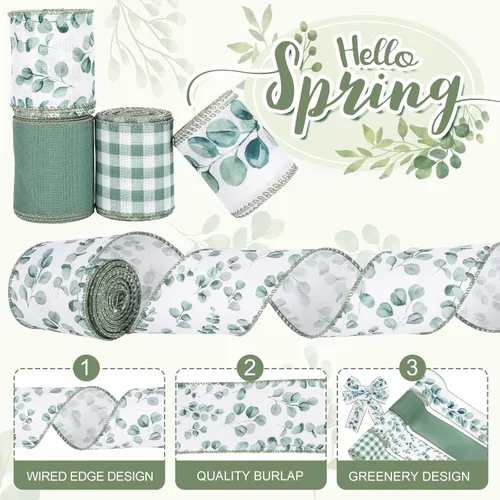 Miniatura 3 de AnyDesign 4 rollos de cinta de eucalipto con borde con alambre de 24 yardas, cinta decorativa de hojas verdes, cintas de tela para primavera