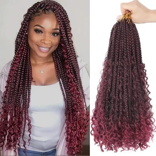 Miniatura 28 de Goddess Box Braids - Trenzas de cabello a ganchillo con extremos rizados, trenzas de caja bohemianas de 16 pulgadas, trenzas de ganchillo, 8 1B-4-30
