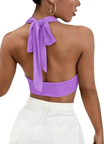 Miniatura 2 de Camiseta LYANER para mujer, con cuello en V ancho, estilo halter, con espalda al aire y sin mangas
