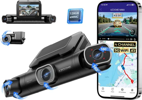 AZDOME Cámara de Tablero de 360° de 4 Canales Frontal y Trasera Interior, eMMC Integrado de 128GB, 2K+1080P*3 Dashcam, Izquierda Derecha, Control de