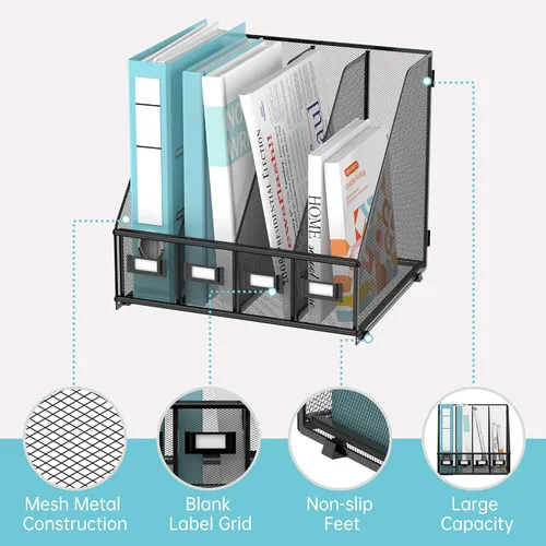 Miniatura 4 de SUPEASY Soporte para archivador de revista, organizador de escritorio de metal con 4 compartimentos para estante, organizador de archivos para Negro