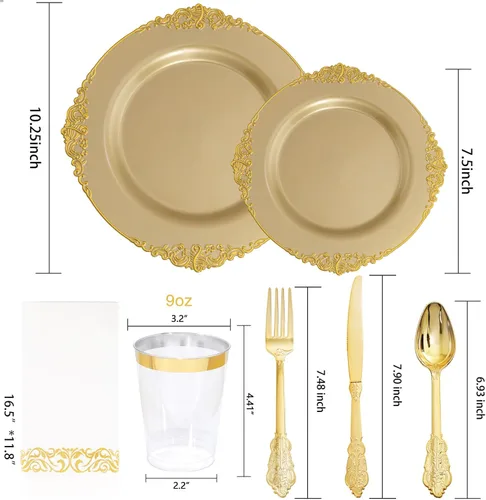 Miniatura 5 de Morejoy 175 platos de plástico dorado macizo con borde dorado, los juegos de vajilla desechables dorados incluyen 25 platos llanos, 25 platos