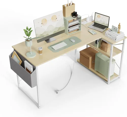 Miniatura 12 de TIQLAB - Escritorio pequeño de computadora con tomas de corriente, escritorio en forma de L de 40 pulgadas con estantes reversibles, escritorio
