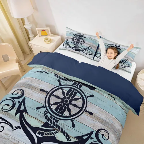 Miniatura 29 de Erosebridal Funda de edredón de ancla náutica, juego de ropa de cama con brújula oceánica, tamaño individual para niños, adolescentes, adultos