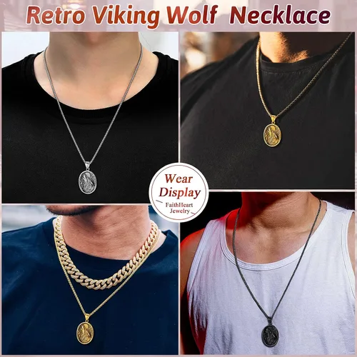 Miniatura 6 de FaithHeart Collar con colgante de lobo vikingo nórdico para hombres y mujeres, acero inoxidable, chapado en oro de 18 quilates, joyería con embalaje