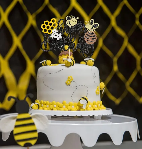 Miniatura 4 de Gyufise 1 decoración para pastel de cumpleaños con purpurina de panal de abeja para decoración de pastel de miel, abejorro, tema de abejorro, baby