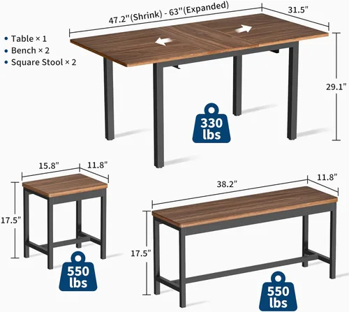 Miniatura 3 de GarveeHome juego de mesa de comedor de 5 piezas para 4-8 personas, mesa de cocina grande extensible de 63 pulgadas con 2 bancos y 2 taburetes Marrón