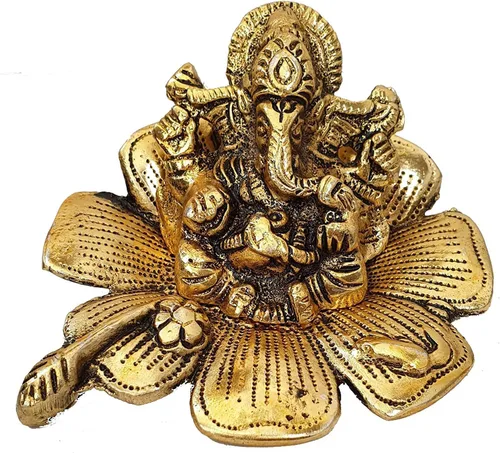 Miniatura 2 de Ganesha en la hoja hecha de metal – Estatua de ídolo de Ganesh figura tradicional para la oficina en casa, templo Puja, decoración Diwali regalo