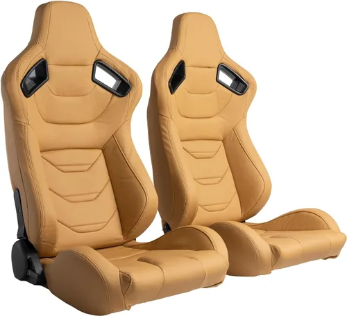 Asientos universales de carreras reclinables, asientos deportivos ajustables, de piel sintética con deslizadores, juego de 2 piezas (beige, 36.6 x
