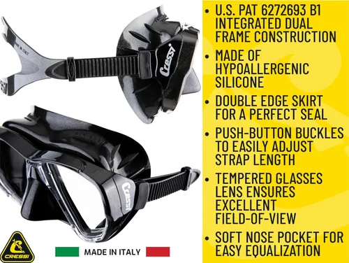 Miniatura 3 de Cressi Adult Dive Mask with Inclined Lens for Scuba Diving - Optical Lenses Available - Big Eyes - Made in Italy Negro/Negro