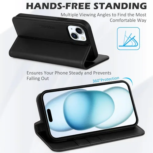 Miniatura 5 de SHIELDON Funda para iPhone 15 6.1" 2023, Funda Tipo Cartera de Cuero Genuino con [Soporte] [Tarjetero con Bloqueo RFID] [Magnética] Cubierta
