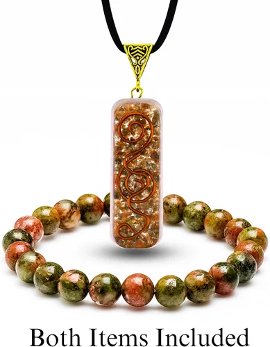 Miniatura 7 de Juego de collar de orgonita y pulsera de unakita. Colgante de cristal curativo natural para protección Joyas de piedra para hombres y mujeres