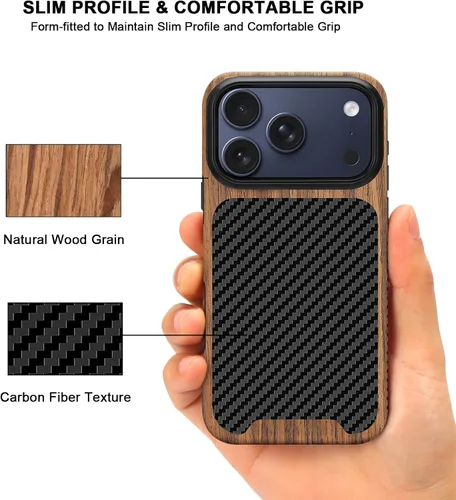 Miniatura 3 de TENDLIN Compatible con iPhone 17 Pro Max Funda de madera con textura de fibra de carbono Diseño de cuero híbrido delgado (negro)