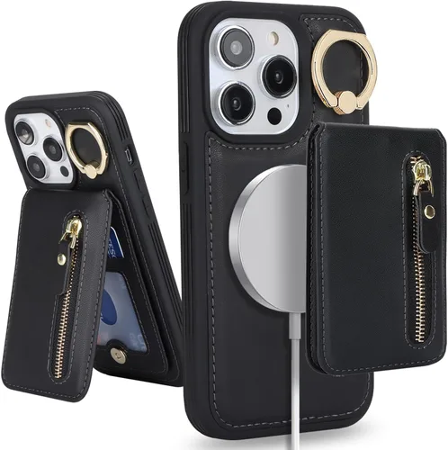 Miniatura 28 de para iPhone 14 Funda con soporte magnético Magsafe compatible, llavero de cuero PU plegable con soporte desmontable, funda tipo cartera 2-en-1
