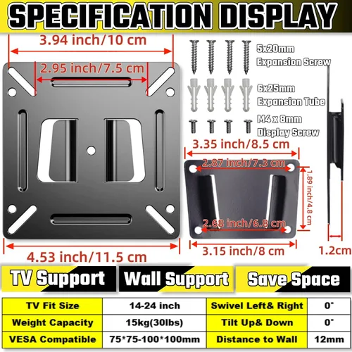 Miniatura 2 de Soporte de pared para monitor para la mayoría de televisores LED LCD de 14 a 24 pulgadas, soporte de montaje de TV pequeño para RV con 1 kit