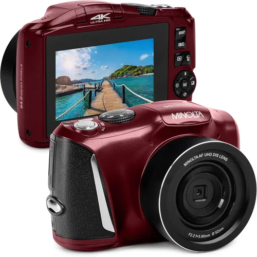 Minolta Cámara digital de 64 MP – Video 4K Ultra HD a 60 FPS, zoom digital de 16x, WiFi, sensor CMOS, pantalla LCD de 3 pulgadas, exposición Rojo