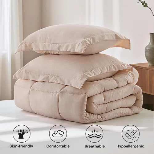 Miniatura 5 de NexHome Juego de edredón tamaño Queen de 3 piezas de color beige, suave, de lujo, teñido catiónico, para todas las estaciones, juegos de cama
