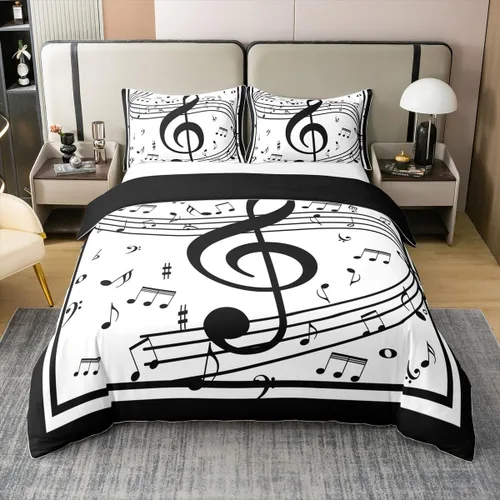 Miniatura 26 de Juego de ropa de cama tamaño King 100% algodón con notas musicales de piano y clave musical, juego de ropa de cama para niños y niñas, diseño retro