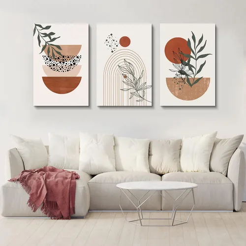 Miniatura 2 de Arte de pared bohemio - Conjunto de 3 impresiones geométricas abstractas de mediados de siglo, negro, beige, terracota, obra de arte en lienzo