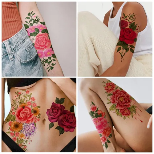 Miniatura 5 de Yazhiji 49 hojas de tatuajes temporales para mujeres y hombres 3D extra grandes, impermeables, sexy, flores, kits de tatuajes falsos Color flower