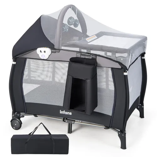 INFANS 4 en 1 Pack and Play, corralito portátil de viaje para bebé con moisés, cambiador, toldo, mosquitera, juguetes colgantes, caja de música,