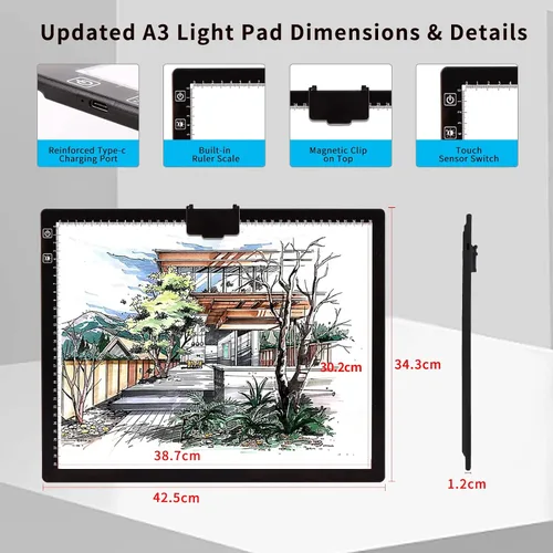 Miniatura 5 de iVAOOZE - Caja de luz A3, almohadilla de luz LED A3 con modo de 3 colores, regulable y 6 niveles de brillo, almohadilla de luz LED recargable