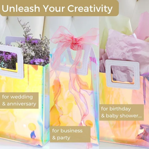 Miniatura 3 de VUOJUR 2 bolsas de regalo pequeñas holográficas de 8.3 x 8 x 4 pulgadas, transparentes, reutilizables, bolsas de regalo de cumpleaños para mujeres