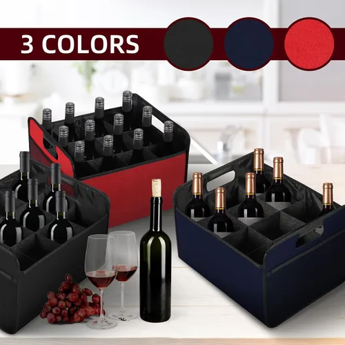 Miniatura 7 de LITLANDSTAR 12 botellas de vino, caja de almacenamiento plegable para botellas de vino, bolsa de licor de fieltro de alta calidad con asas para Negro